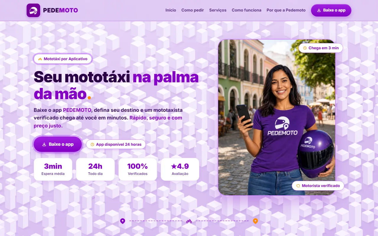 Site do Pedemoto, serviço de mototáxi, aberto no navegador